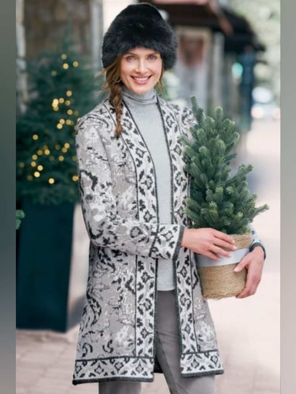 New Soft Surroundings Gray White Open Front Long Sleeve Cardigan Damask Size L